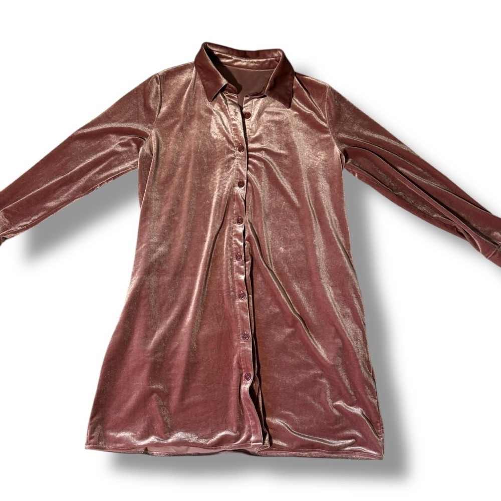 Rose/Mauve Velvet Long Sleeve Button Down Collared Mini Shirt Dress - Picture 9 of 16